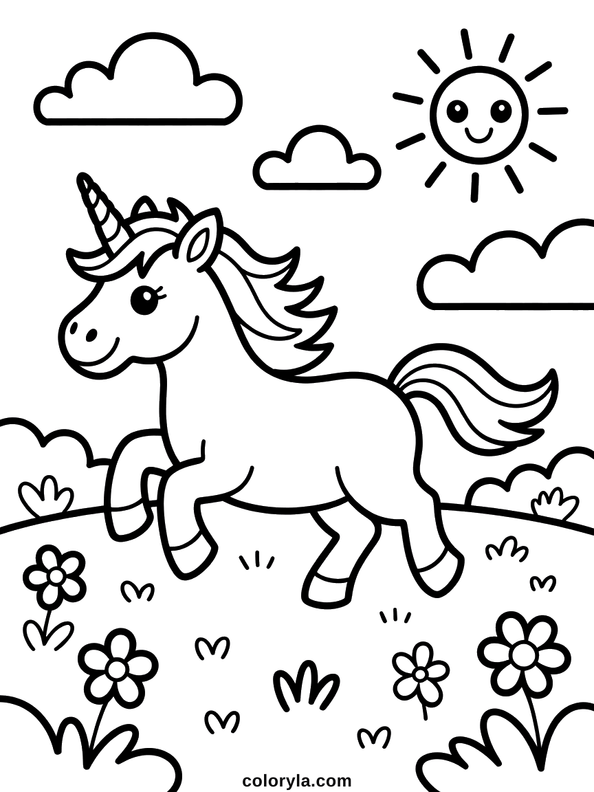 Au galop dans un pré, crinière au vent, des fleurs en bas et un soleil souriant en haut, coloriage de licorne en A4.
