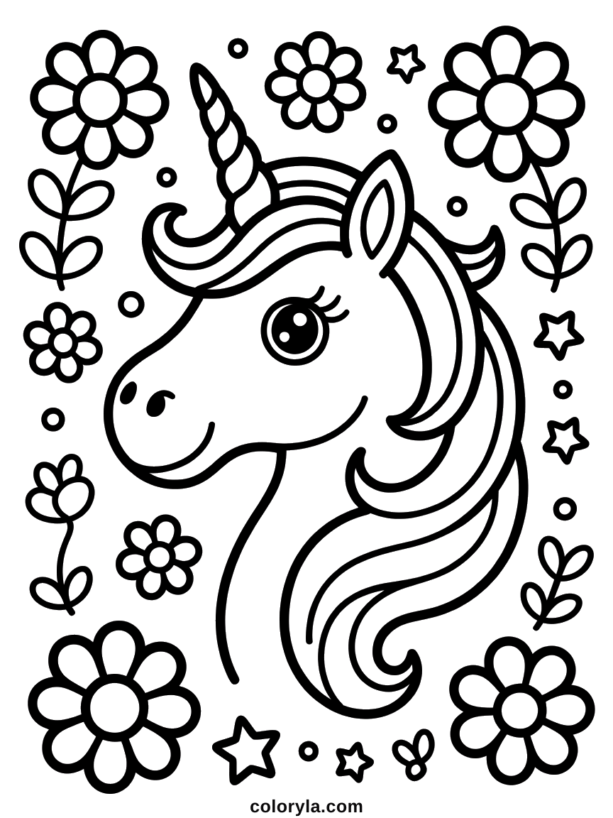 Une tête de trois quarts entourée de grandes fleurs ouvertes et de petites étoiles, coloriage de licorne gratuit en A4.