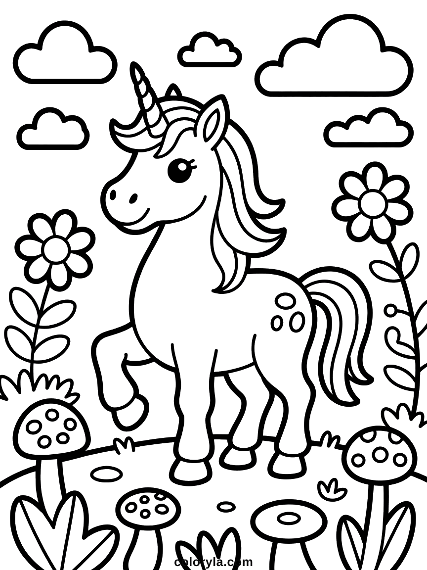 Au milieu de champignons, de hautes fleurs et de feuillages qui remplissent la feuille, coloriage de licorne en A4.