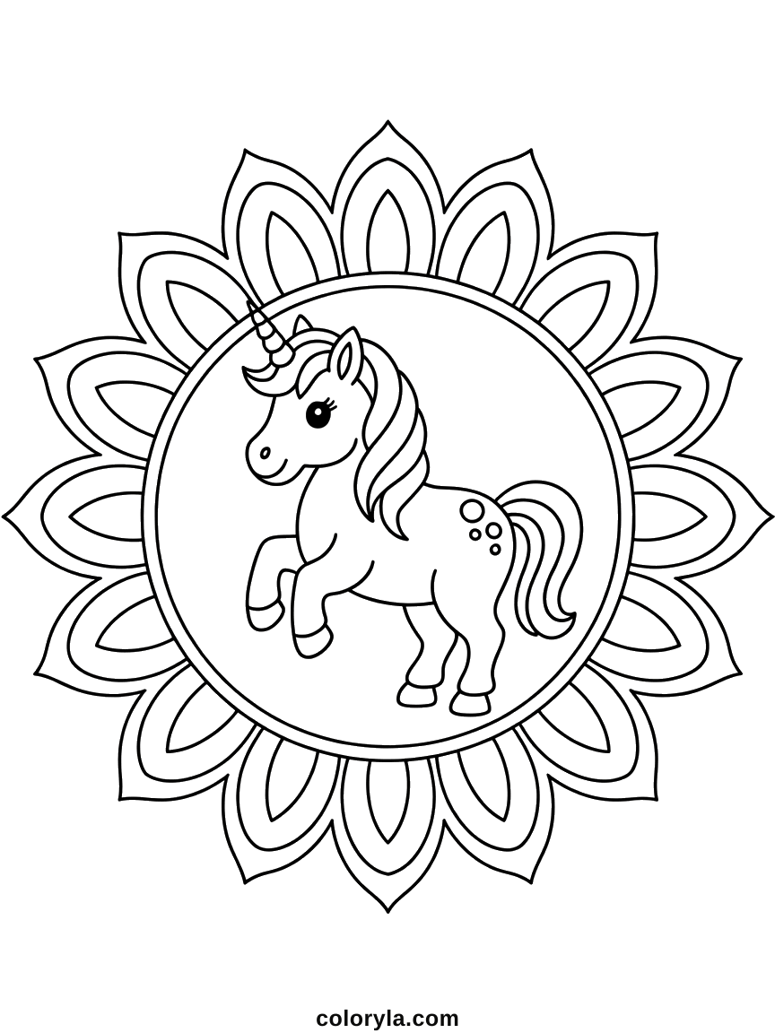 Au centre d'un mandala circulaire de pétales et de rayons symétriques jusqu'aux bords, coloriage de licorne en A4.