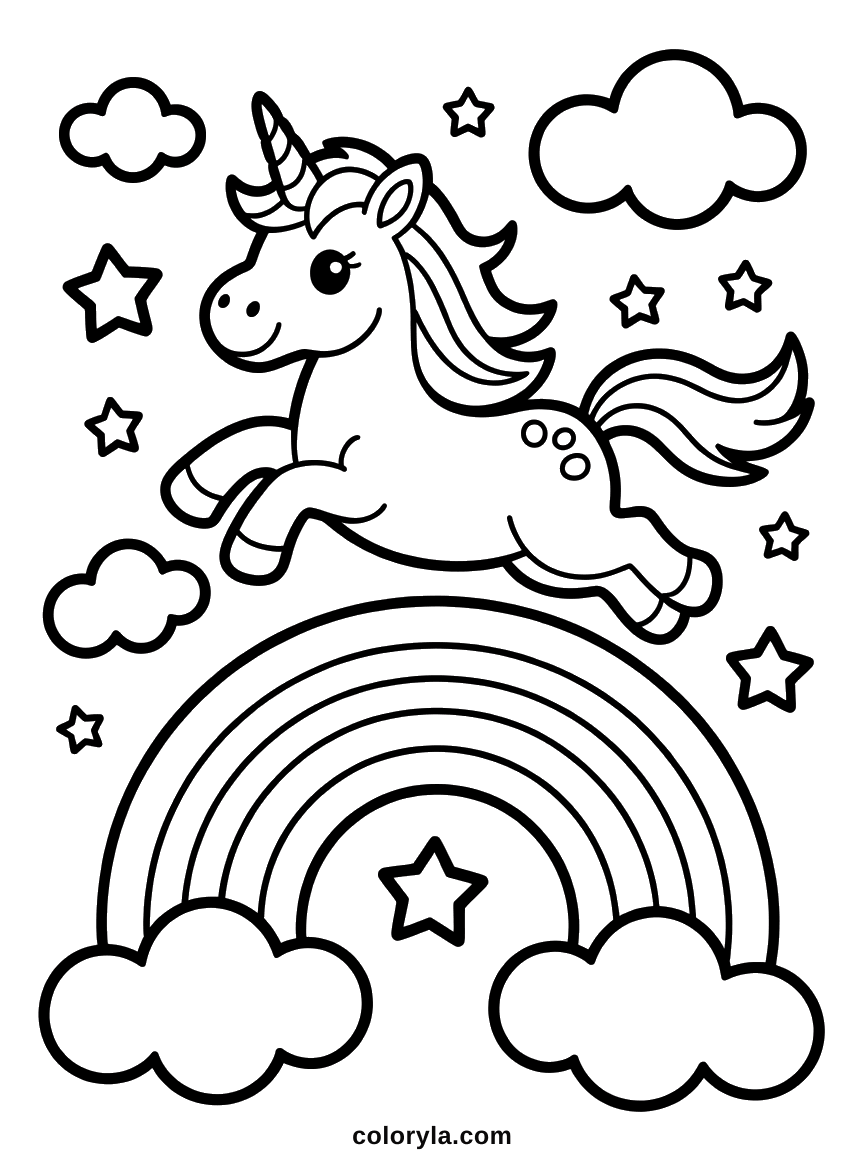 En plein saut au-dessus d'un arc-en-ciel, pattes tendues et nuages dessous, coloriage de licorne gratuit à imprimer en A4.