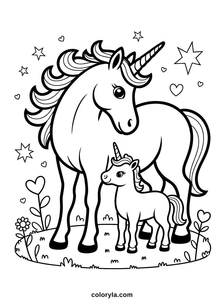 Une licorne adulte penchée vers son petit dans une prairie fleurie sous des étoiles et des cœurs, coloriage gratuit en A4.