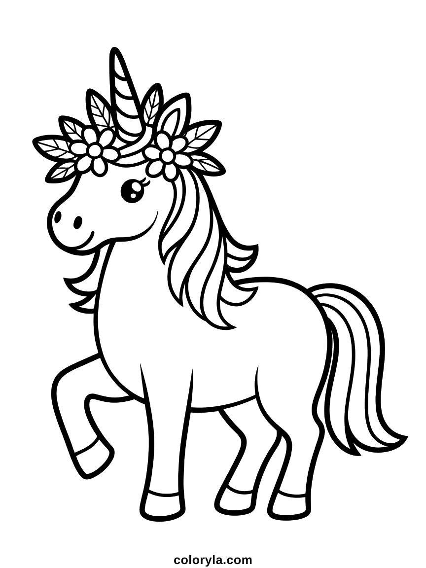 De profil avec une couronne de fleurs autour de la corne et une longue crinière, coloriage de licorne gratuit en A4.