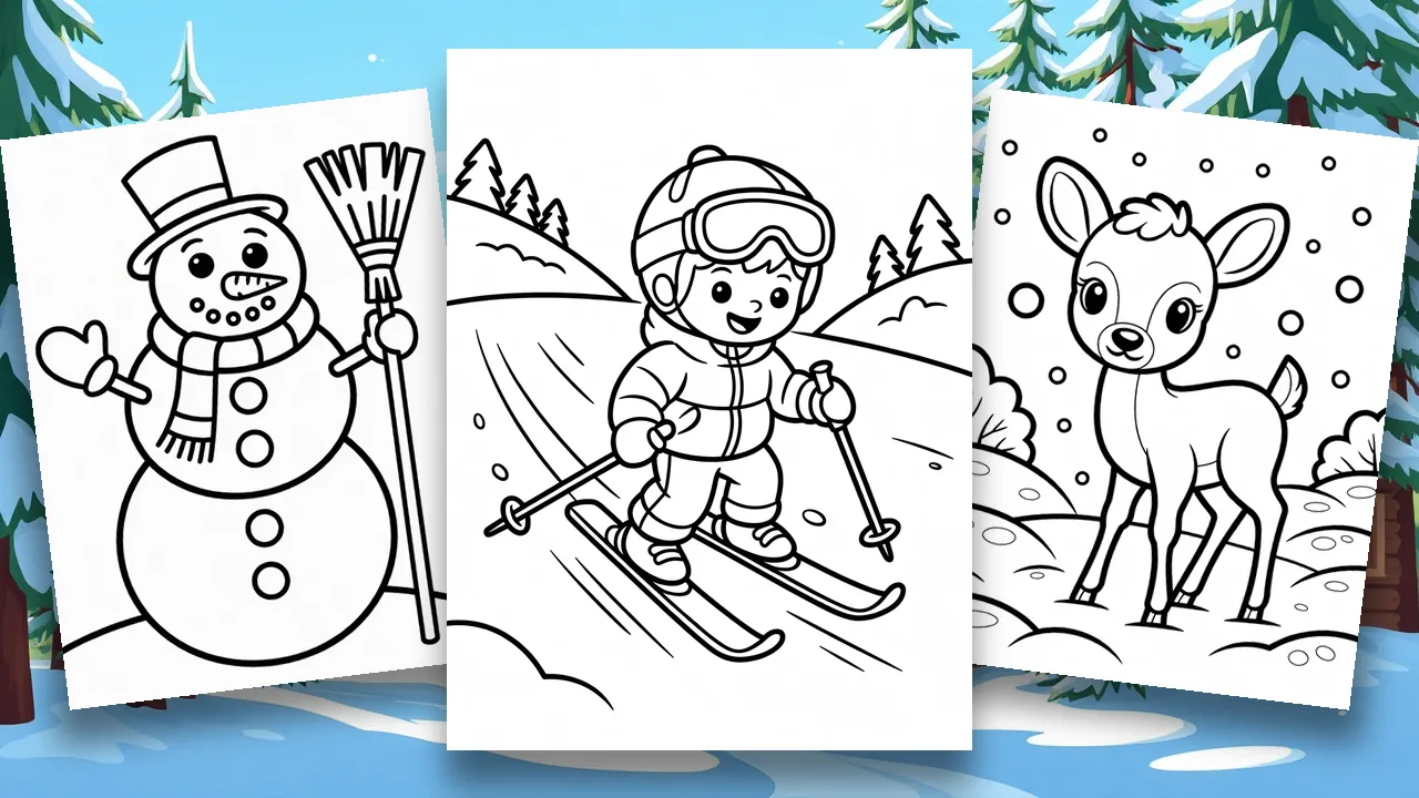 Kleurplaten winter: een verzameling gratis wintertekeningen om te printen, met sneeuwpoppen, dieren in de sneeuw en wintersport.