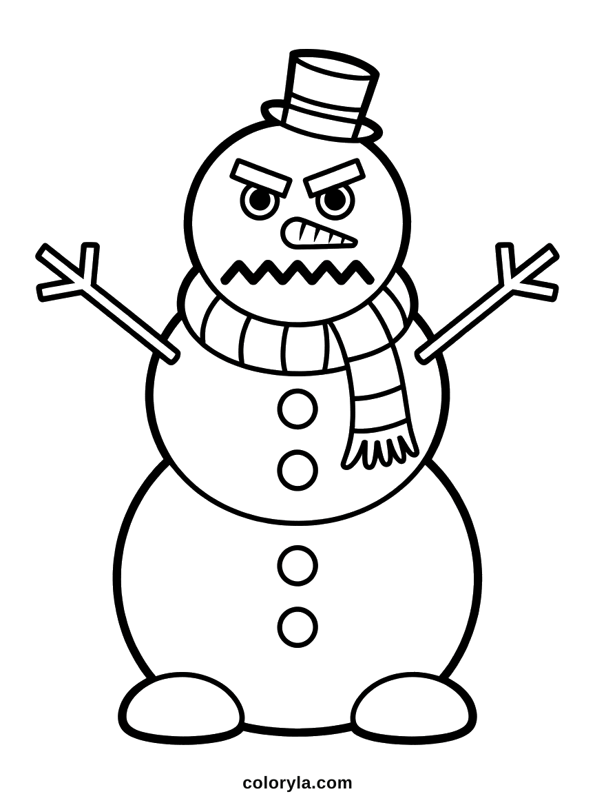 Boze sneeuwpop met dikke wenkbrauwen van kolen en een zigzagmond, een grappige sneeuwpop kleurplaat. Makkelijk en gratis.