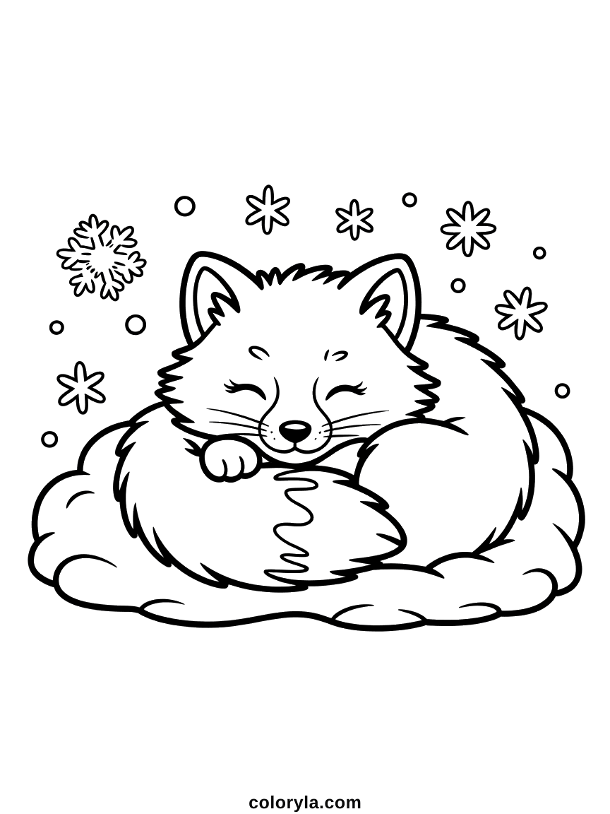 Opgerold op een sneeuwhoop, een pootje op zijn pluimstaart: kleurplaat poolvos in de sneeuw, gratis te printen als pdf.