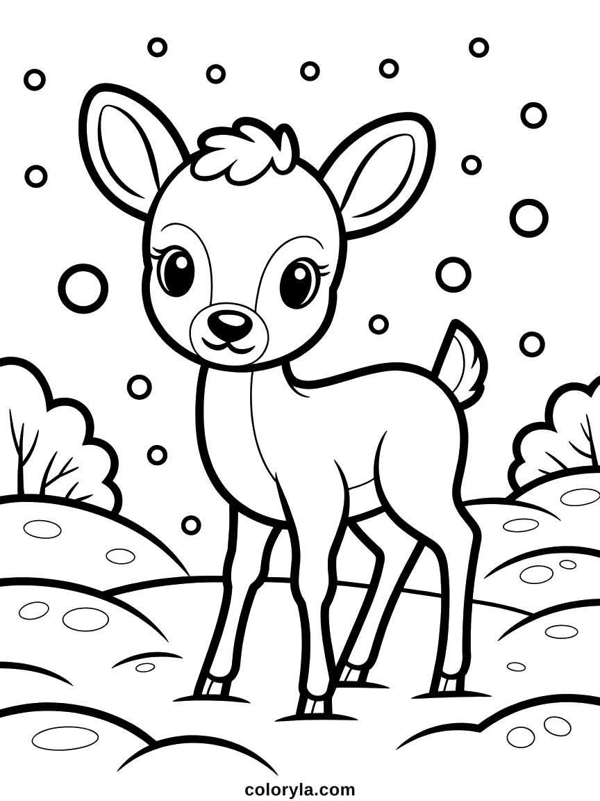 Reekalfje met grote ogen en lange wimpers tussen besneeuwde heuvels: makkelijke kleurplaat reekalfje voor kleuters, gratis.