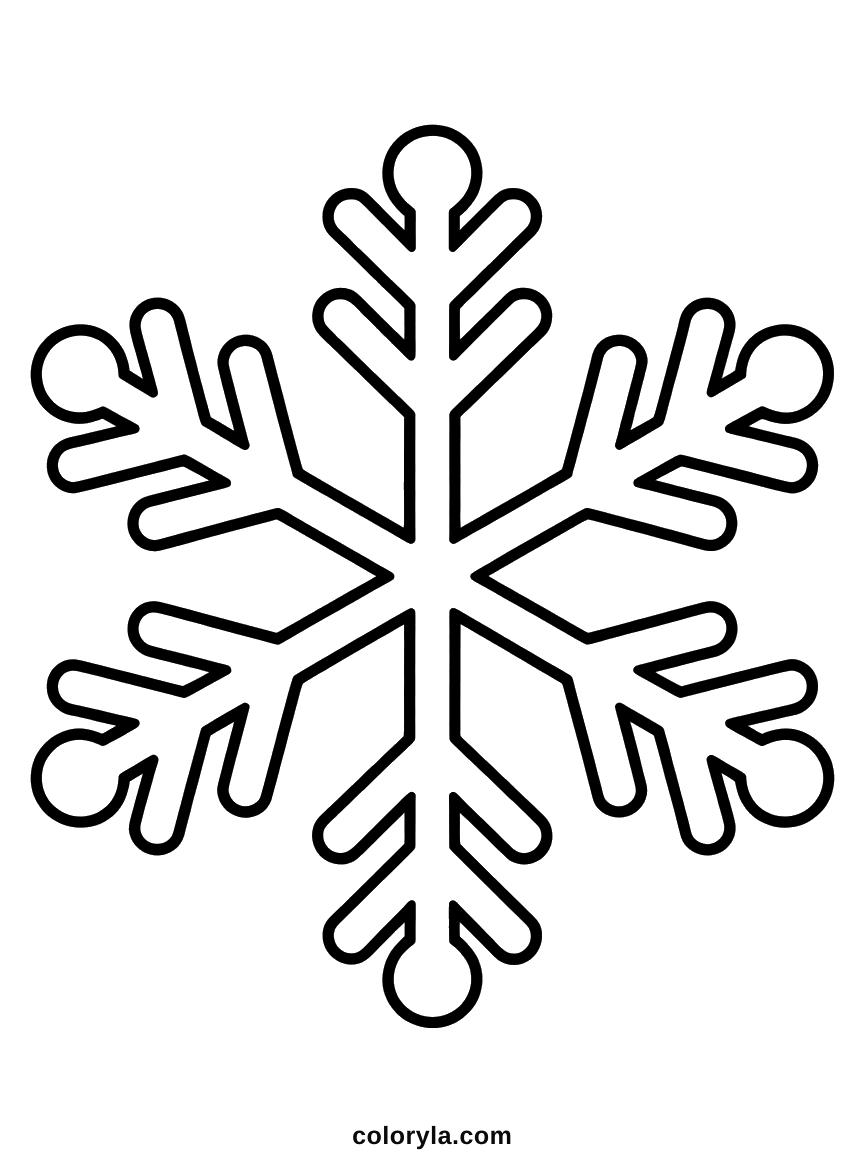 Sneeuwvlok kleurplaat met zes vertakte armen en ronde puntjes, makkelijk voor kleuters. Gratis te printen als pdf op A4.