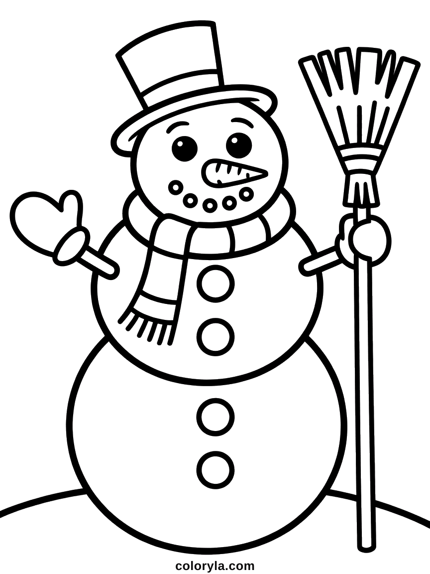 Grote sneeuwpop met hoge hoed die zwaait en een bezem vasthoudt: makkelijke kleurplaat sneeuwpop voor kinderen, gratis.
