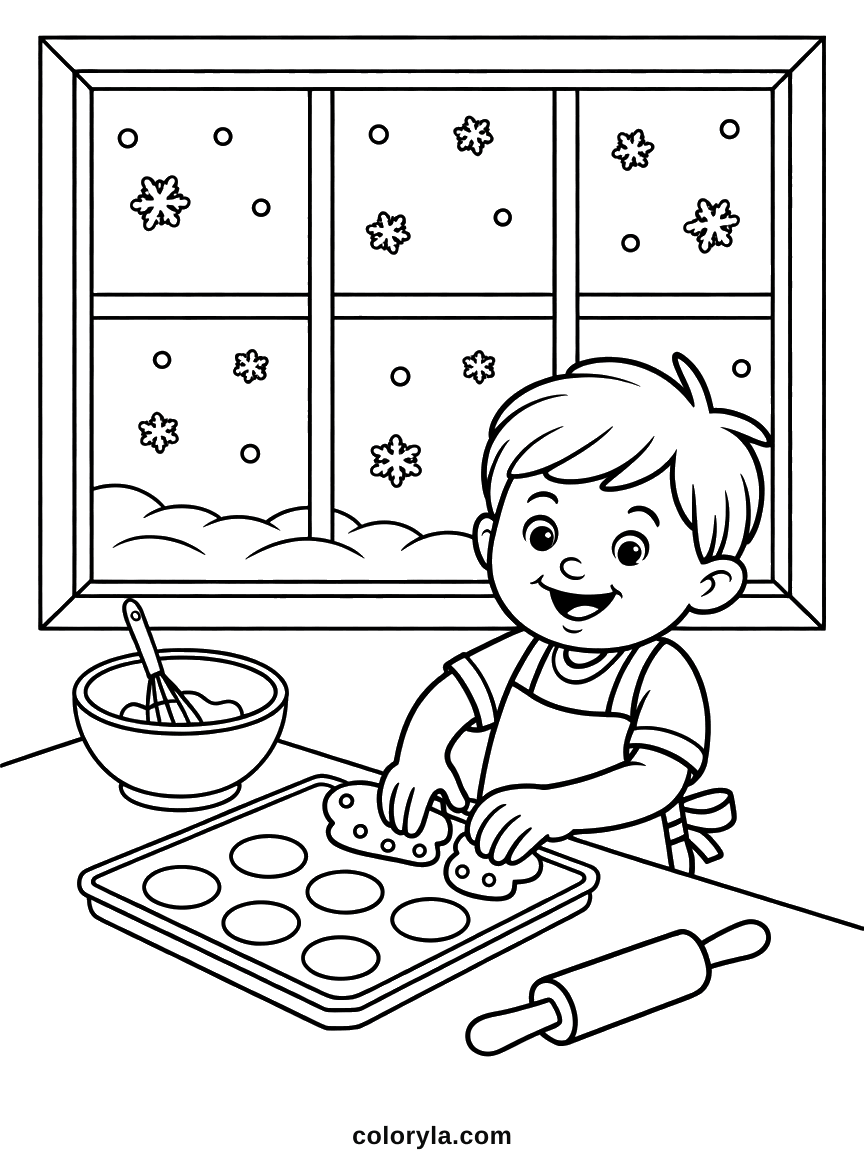 Terwijl buiten de sneeuw valt, steekt een jongen met schort koekjes uit: gezellige en gedetailleerde winterkleurplaat, gratis.