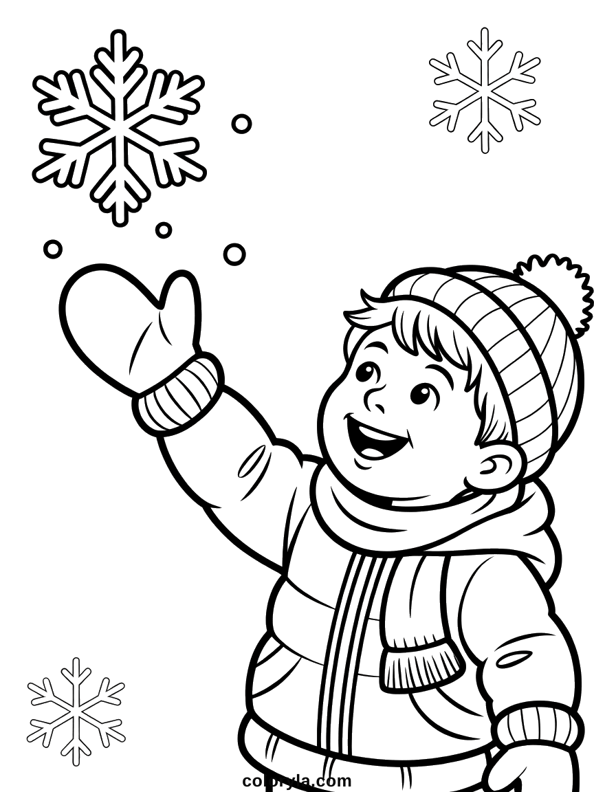 Met zijn want omhoog probeert een jongen een vlok te vangen. Sneeuwvlok kleurplaat om te printen, gratis voor kinderen.