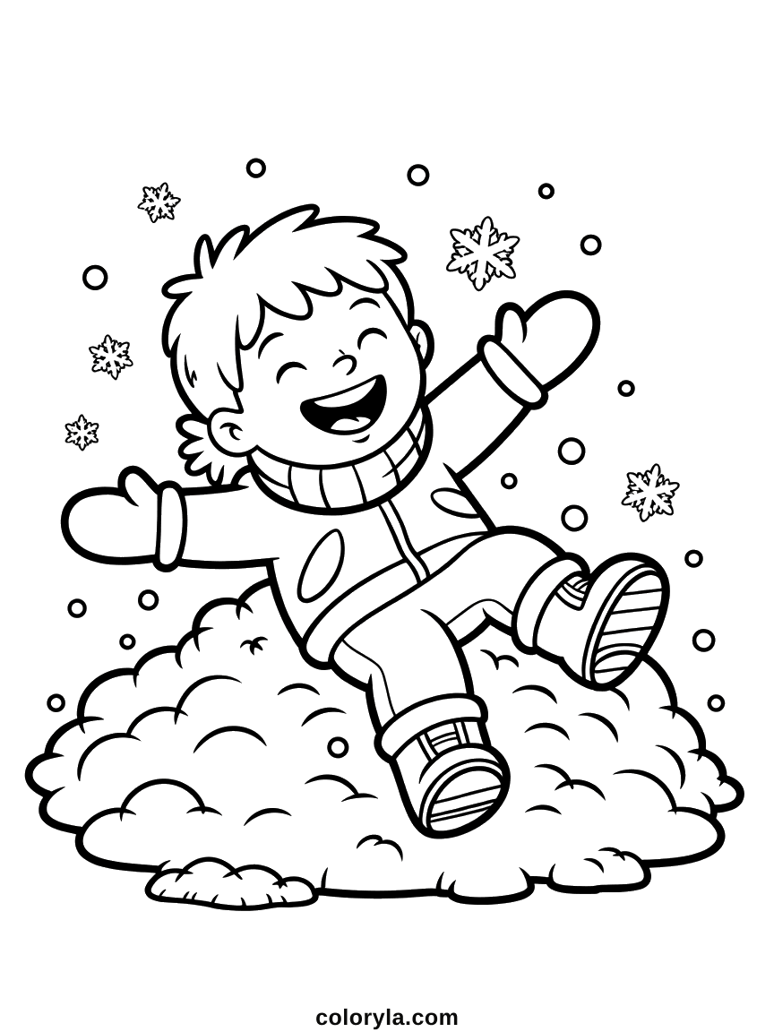 Een schaterende jongen valt met zijn armen wijd in een sneeuwhoop: vrolijke winterkleurplaat voor kinderen, gratis.