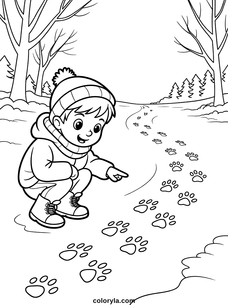 Gehurkt in het besneeuwde bos wijst een jongen naar pootafdrukken. Gedetailleerde winterkleurplaat, gratis te printen.