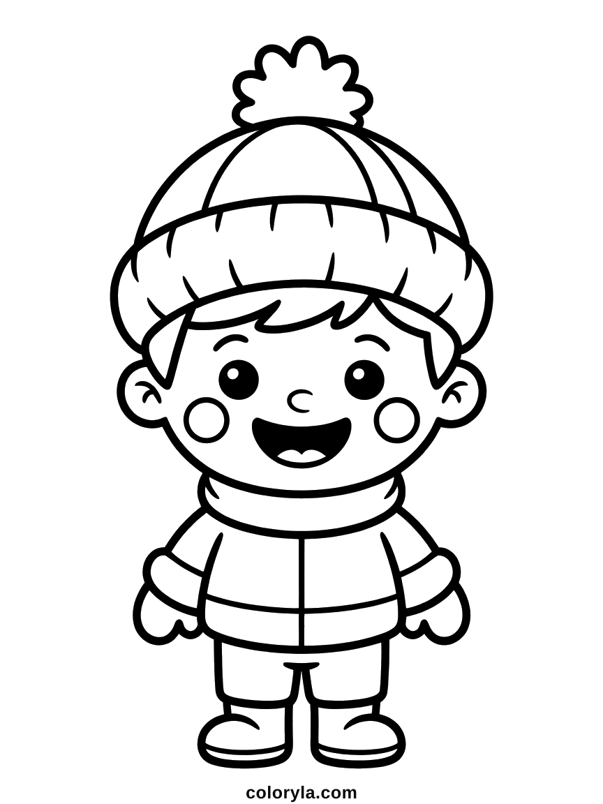 Jongetje met grote pompommuts, dikke jas en wanten: kawaii winterkleurplaat voor peuters, makkelijk en gratis als pdf.