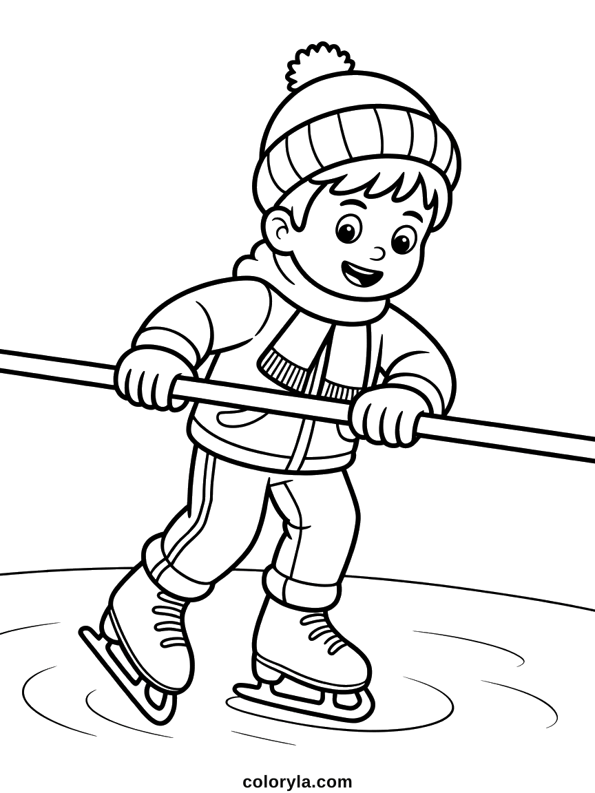 Schaatsen kleurplaat: een jongen houdt zich met twee handen vast aan de reling op het ijs. Gratis voor kinderen.