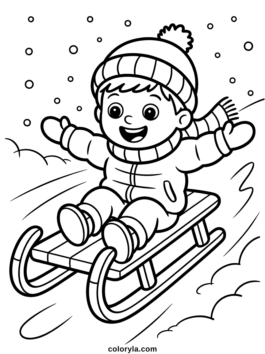 Een juichende jongen suist met zijn armen omhoog de heuvel af. Slee kleurplaat voor de winter, gratis te printen voor kinderen.