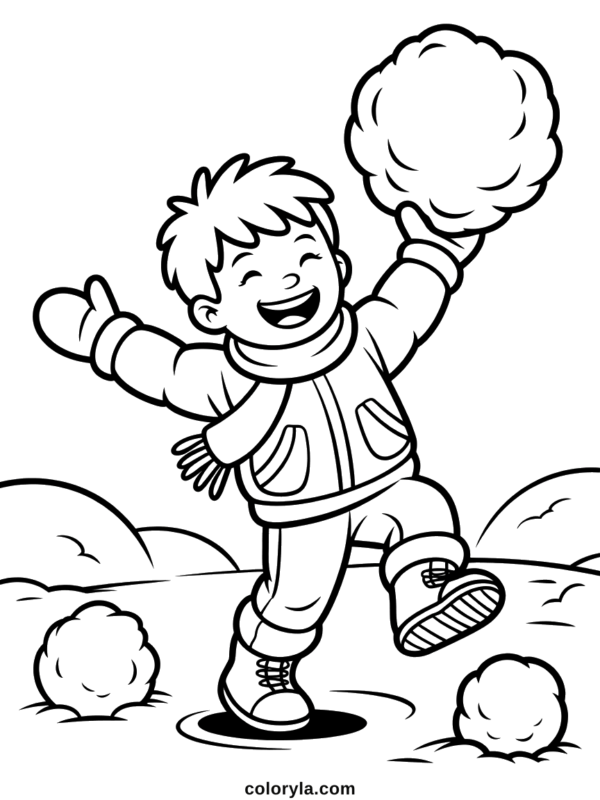 Sneeuwbal kleurplaat met een lachende jongen die een reuzensneeuwbal in zijn want houdt. Gratis voor kinderen, ook als pdf.