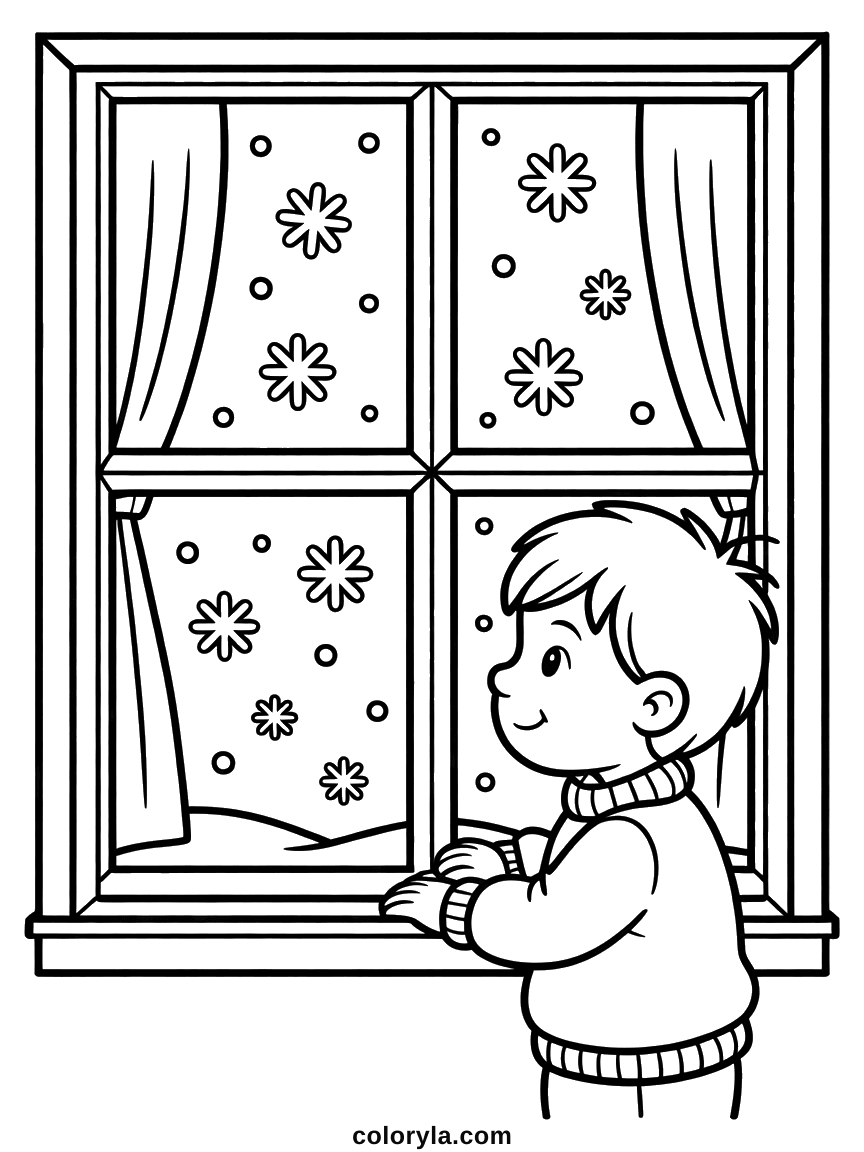 Een jongen in een gebreide trui kijkt naar de vallende vlokken: knusse winterkleurplaat voor kinderen, gratis.