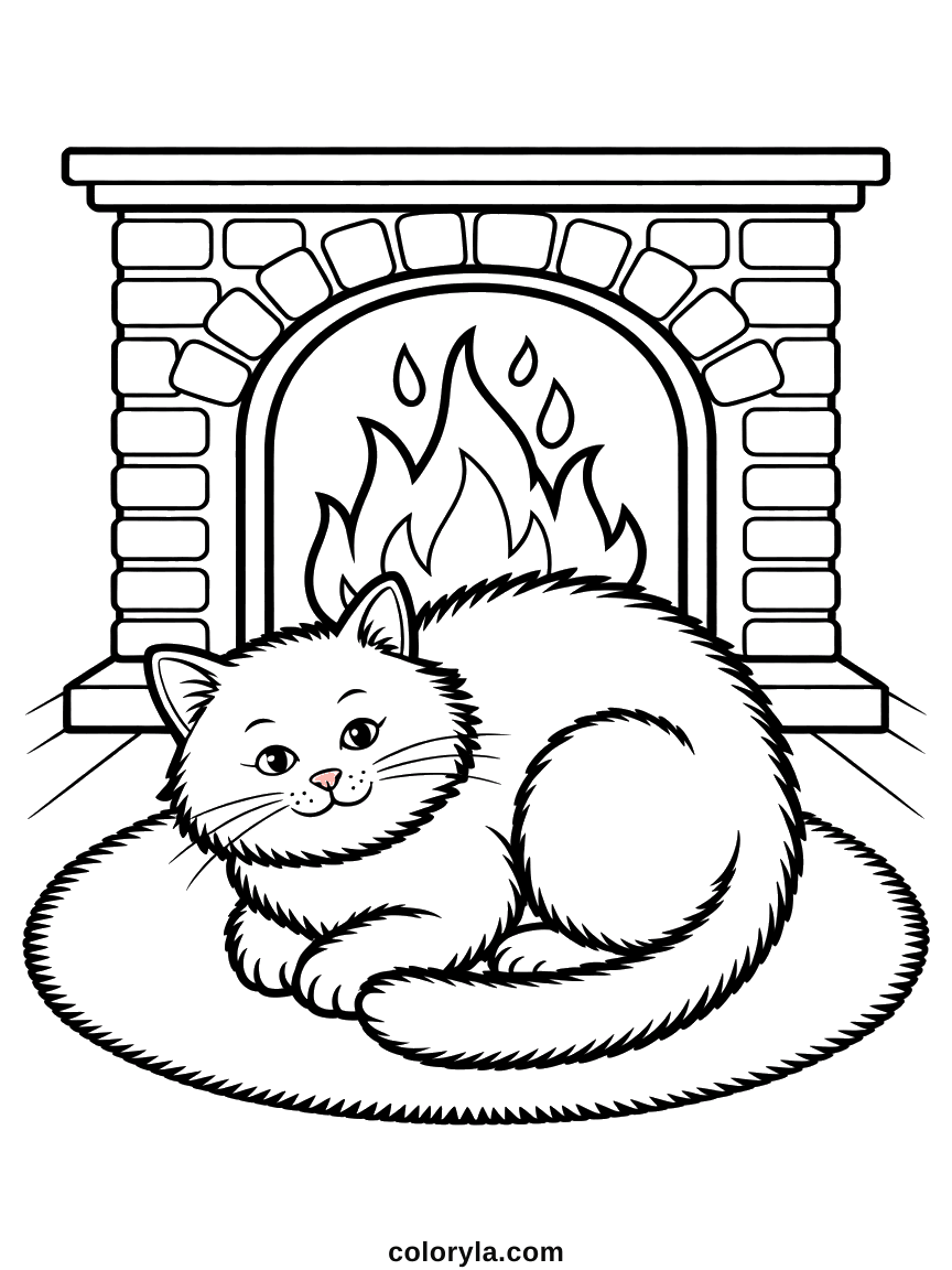 Bij het knapperende haardvuur ligt een kat opgerold op een rond kleedje: knusse kleurplaat kat, gratis te printen als pdf.