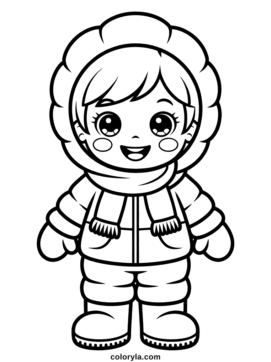 Chibi meisje in een sneeuwpak met bontcapuchon, wanten en dikke laarzen: kawaii winterkleurplaat, makkelijk en gratis.