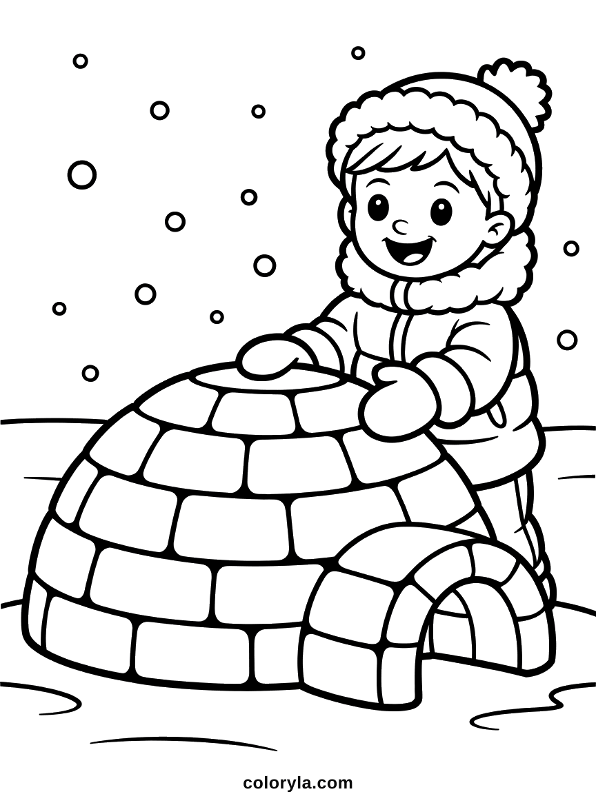 Iglo kleurplaat: een jongen met bontmuts legt zijn wanten op de koepel van sneeuwblokken. Gratis voor kinderen.