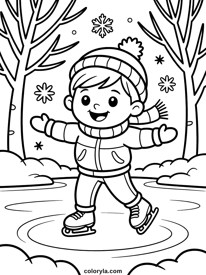 Met gestreepte muts en de armen wijd schaatst een jongen over de vijver: kleurplaat schaatsen, gratis te printen als pdf.