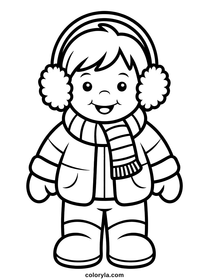 Lachende jongen met pluizige oorwarmers, een gestreepte sjaal en dikke wanten: makkelijke winterkleurplaat, gratis.