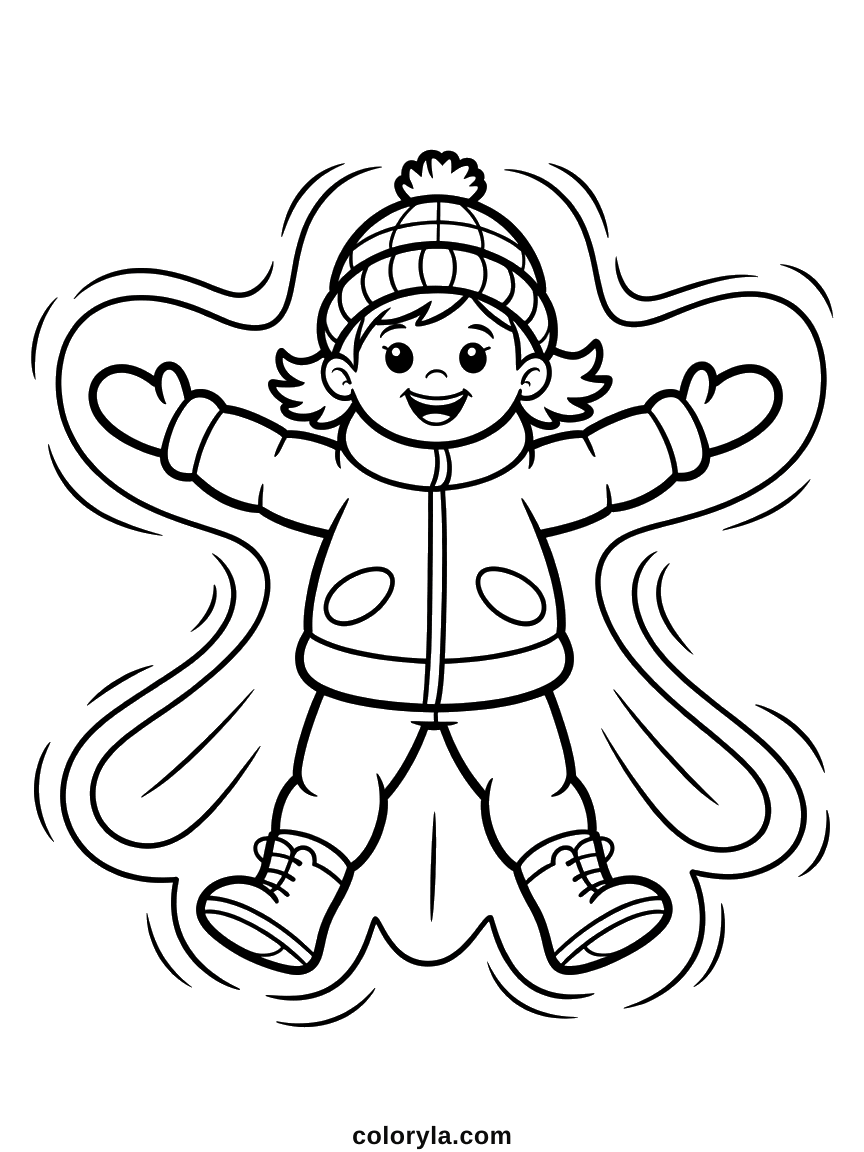 Een meisje maakt lachend een sneeuwengel in de verse sneeuw, armen en benen wijd. Makkelijke winterkleurplaat voor kinderen, gratis.