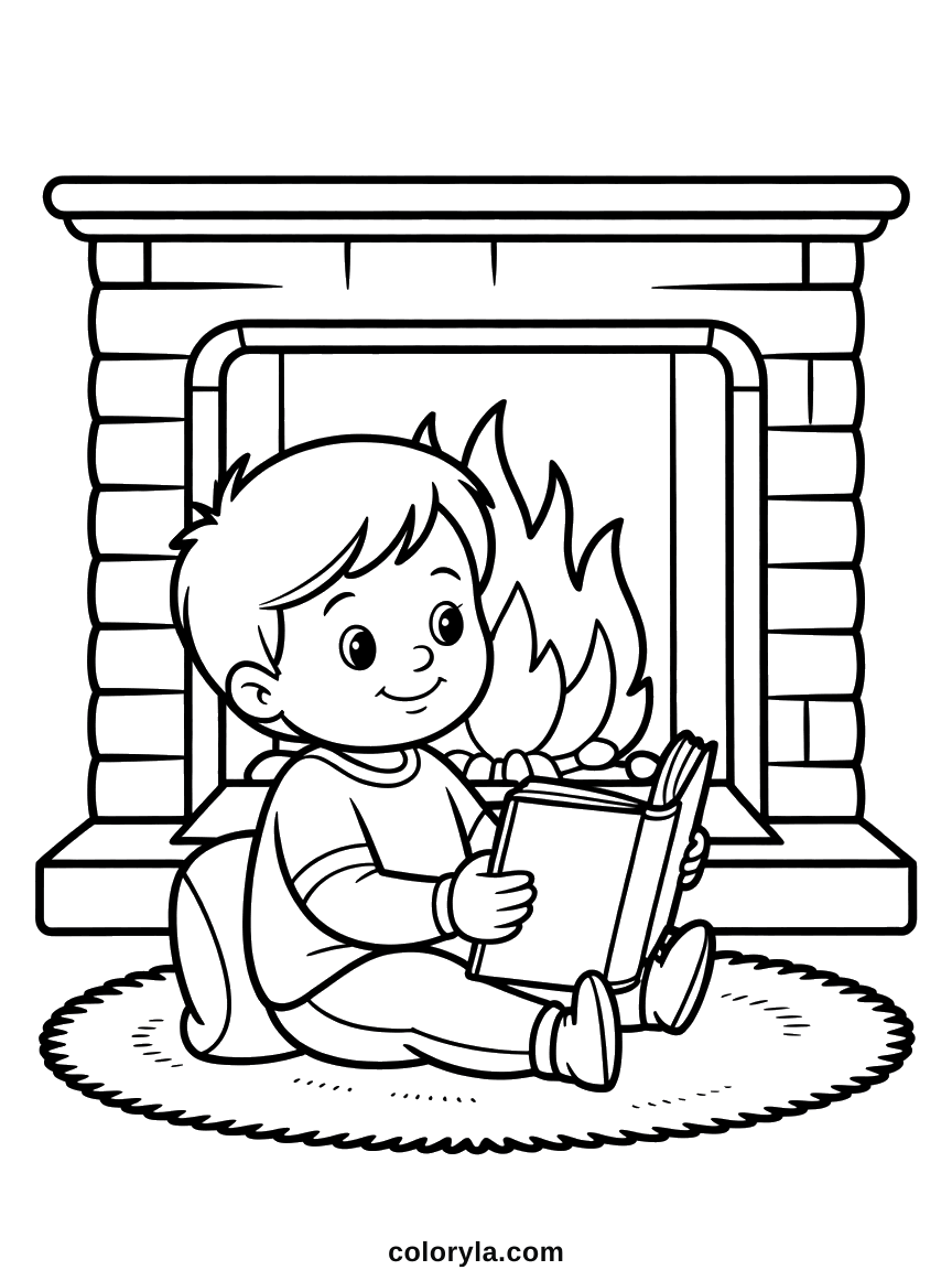 Een jongen leest op een rond kleed voor een bakstenen open haard. Gezellige winterkleurplaat voor kinderen, gratis.