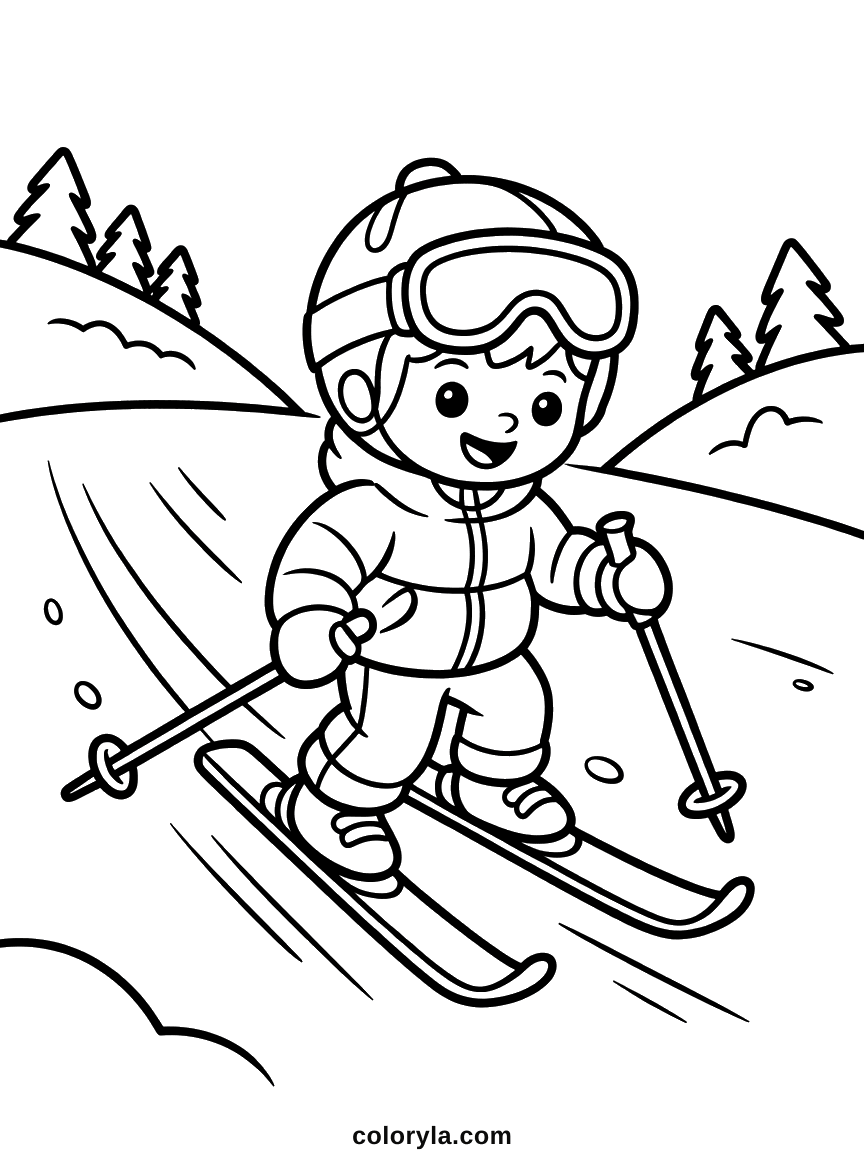 Met helm en skibril skiet een jongen een flauwe helling af, een stok in elke hand. Ski kleurplaat voor kinderen, gratis.
