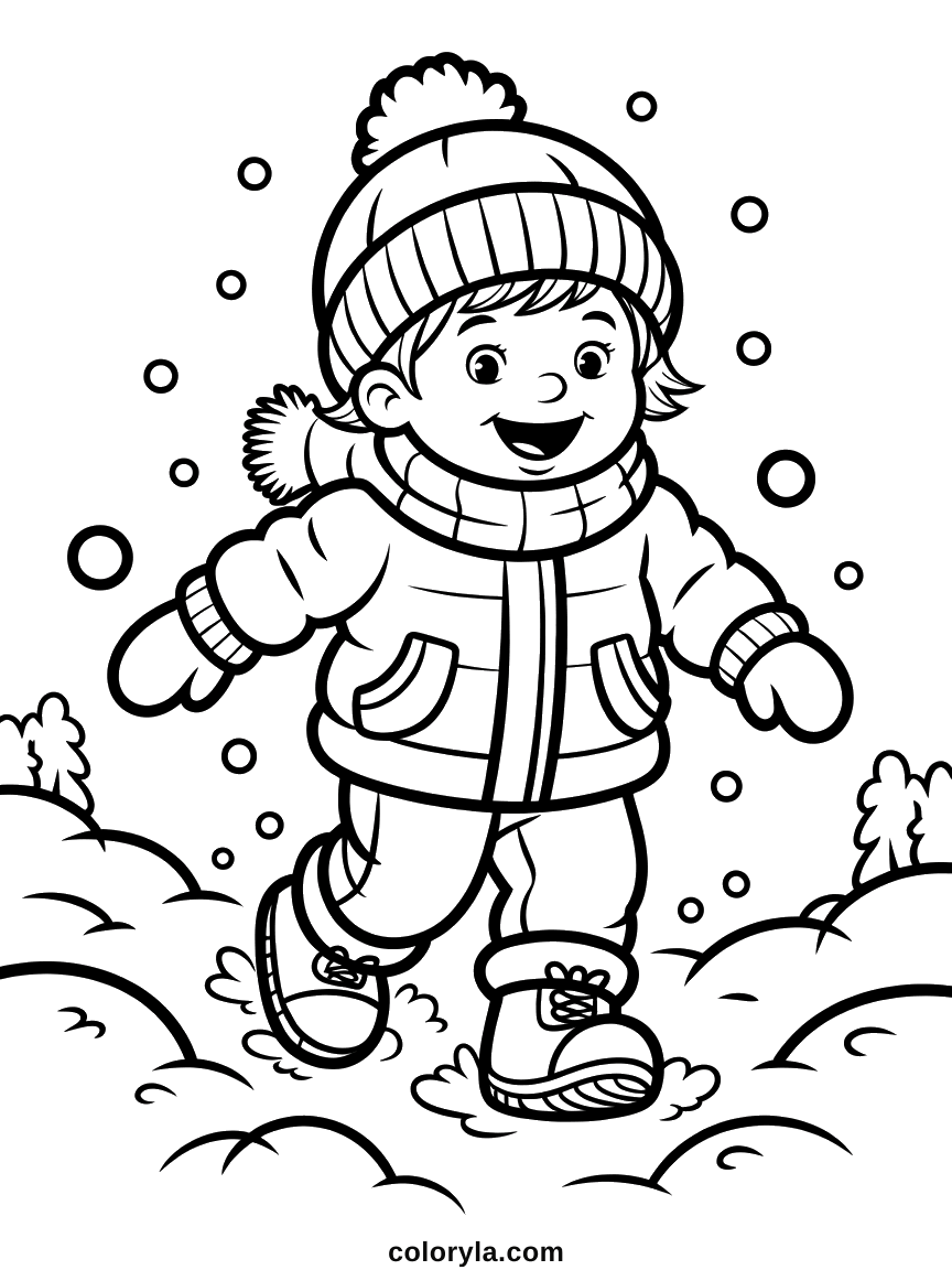 Met haar sjaal in de wind stapt een meisje in dikke laarzen door diepe sneeuw: winterkleurplaat voor kinderen, gratis.
