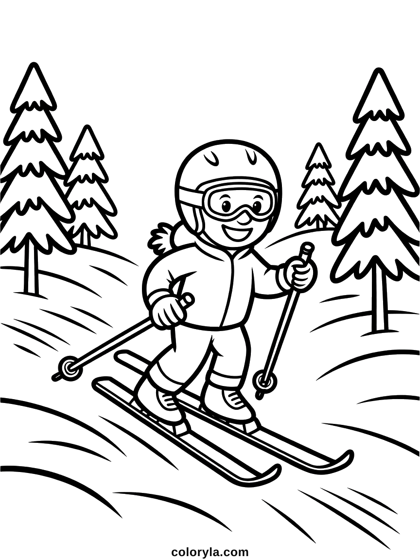 Lachend kind met helm en skibril skiet tussen besneeuwde dennen: skiër kleurplaat voor kinderen, gratis te printen.