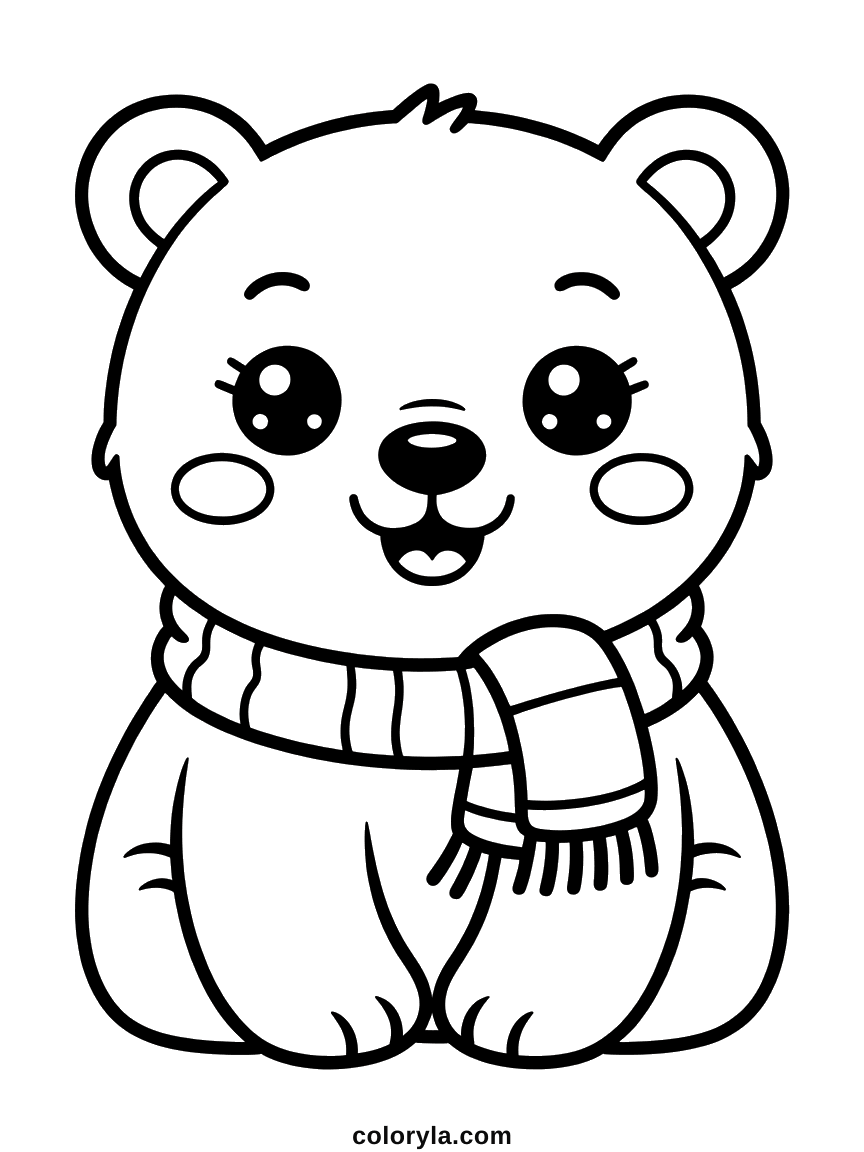 Kawaii ijsbeer met gestreepte sjaal en glimoogjes, een schattige ijsbeer kleurplaat voor peuters. Makkelijk en gratis.