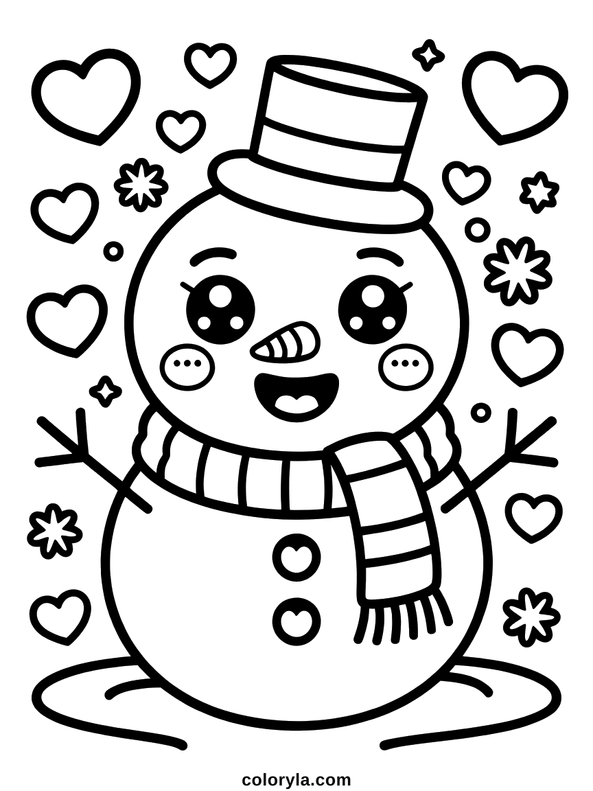 Kawaii sneeuwpop met glanzende ogen en ronde wangetjes tussen hartjes: schattige kleurplaat sneeuwpop, makkelijk en gratis.