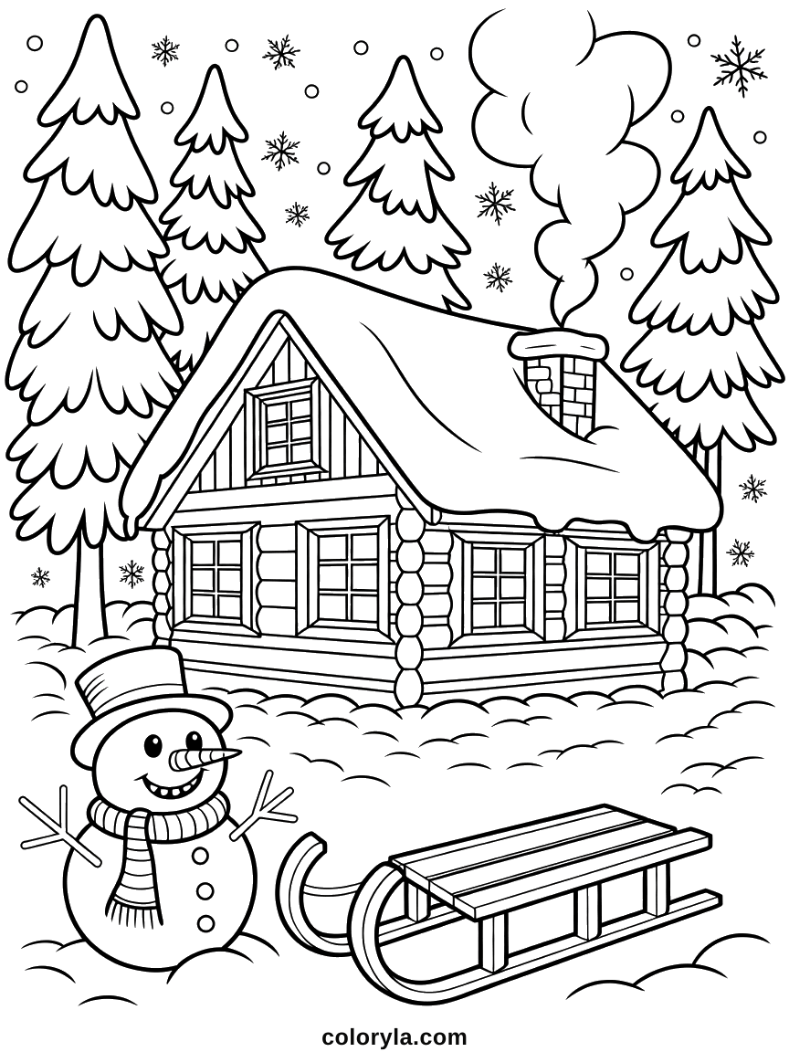 Gedetailleerde winterkleurplaat voor volwassenen: een hut diep in de sneeuw, met slee, sneeuwpop en hoge dennen. Gratis als pdf.