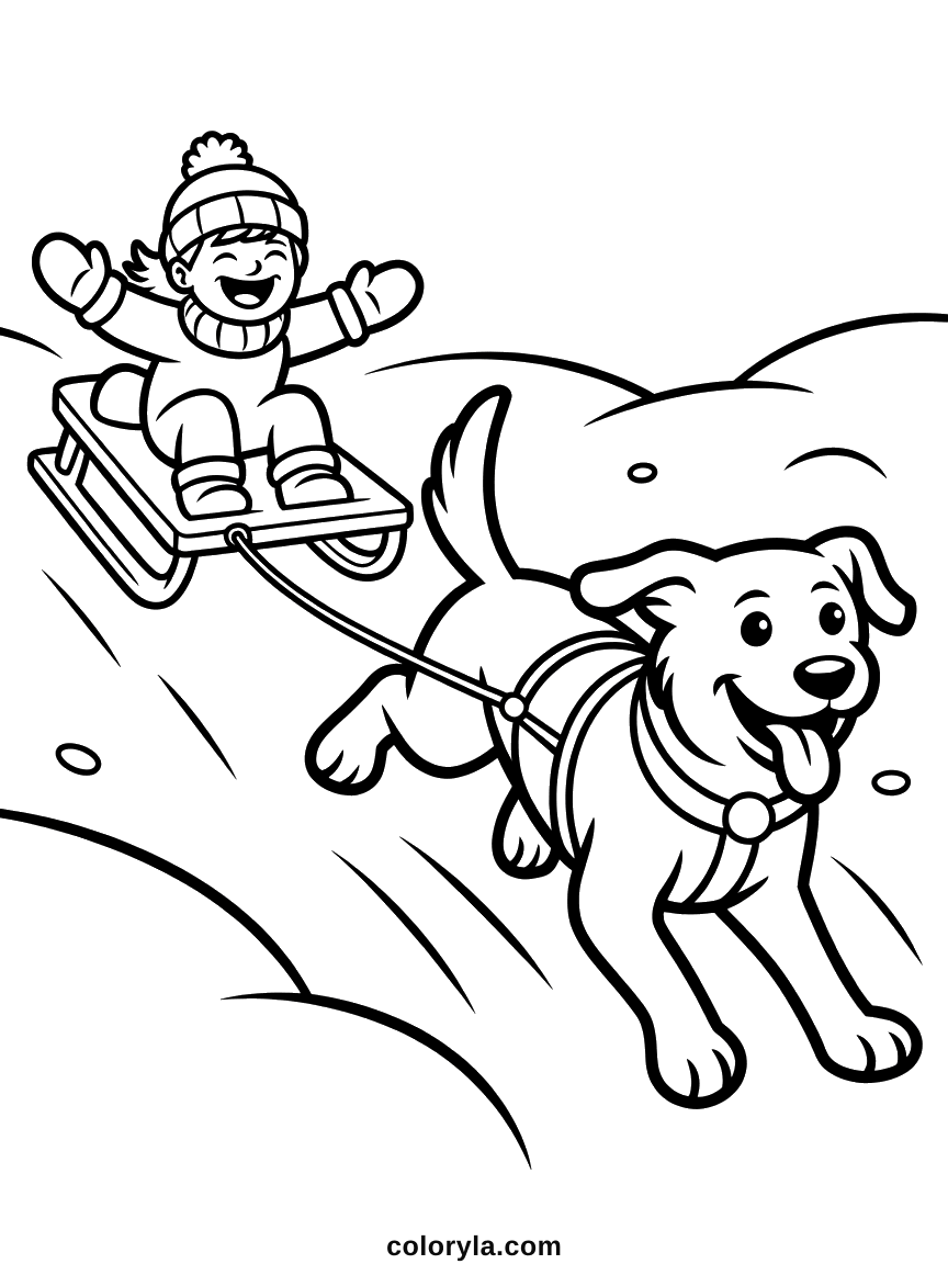 Hond kleurplaat: met de tong uit de bek trekt een hond een lachend kind op de slee de heuvel af. Gratis te printen.
