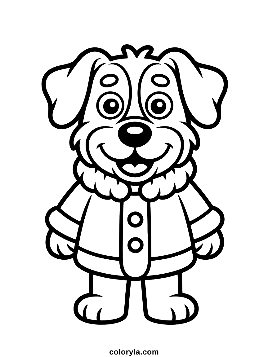 Hond kleurplaat voor peuters: een lachende hond in een winterjas met pluizige kraag en grote knopen. Makkelijk en gratis.