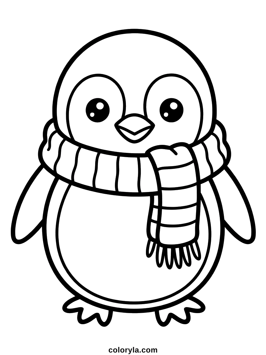 Ronde pinguïn met gestreepte sjaal en grote glimoogjes. Makkelijke pinguïn kleurplaat voor kleuters, gratis te printen.