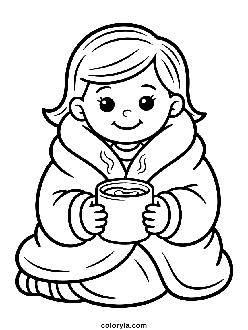 Ingepakt in een dikke deken houdt een meisje een dampende beker vast: knusse winterkleurplaat, makkelijk en gratis.