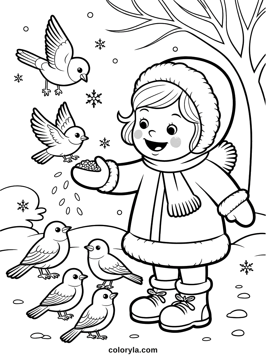 Een meisje met bontcapuchon houdt een want vol zaadjes, de vogels rond haar laarzen. Gratis winterkleurplaat om te printen.