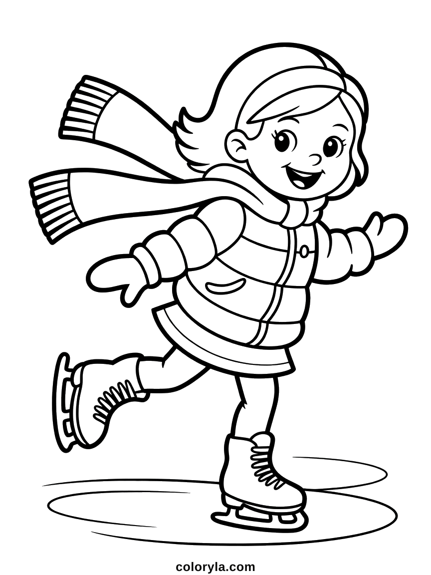 Een lachend meisje schaatst en haar sjaal met franjes wappert achter haar: schaatsen kleurplaat voor kinderen, gratis.