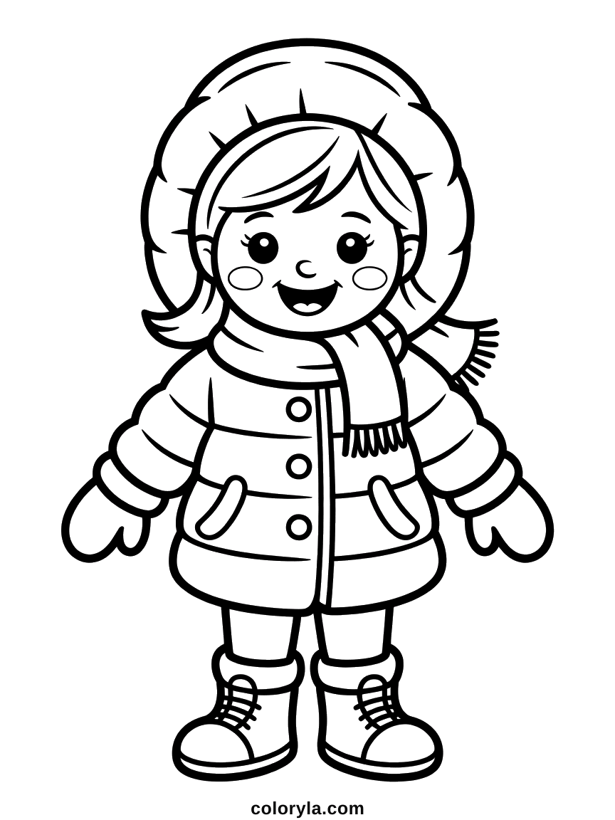 Meisje in een dikke winterjas met bontkap, sjaal, wanten en veterlaarzen: makkelijke winterkleurplaat voor kleuters, gratis.