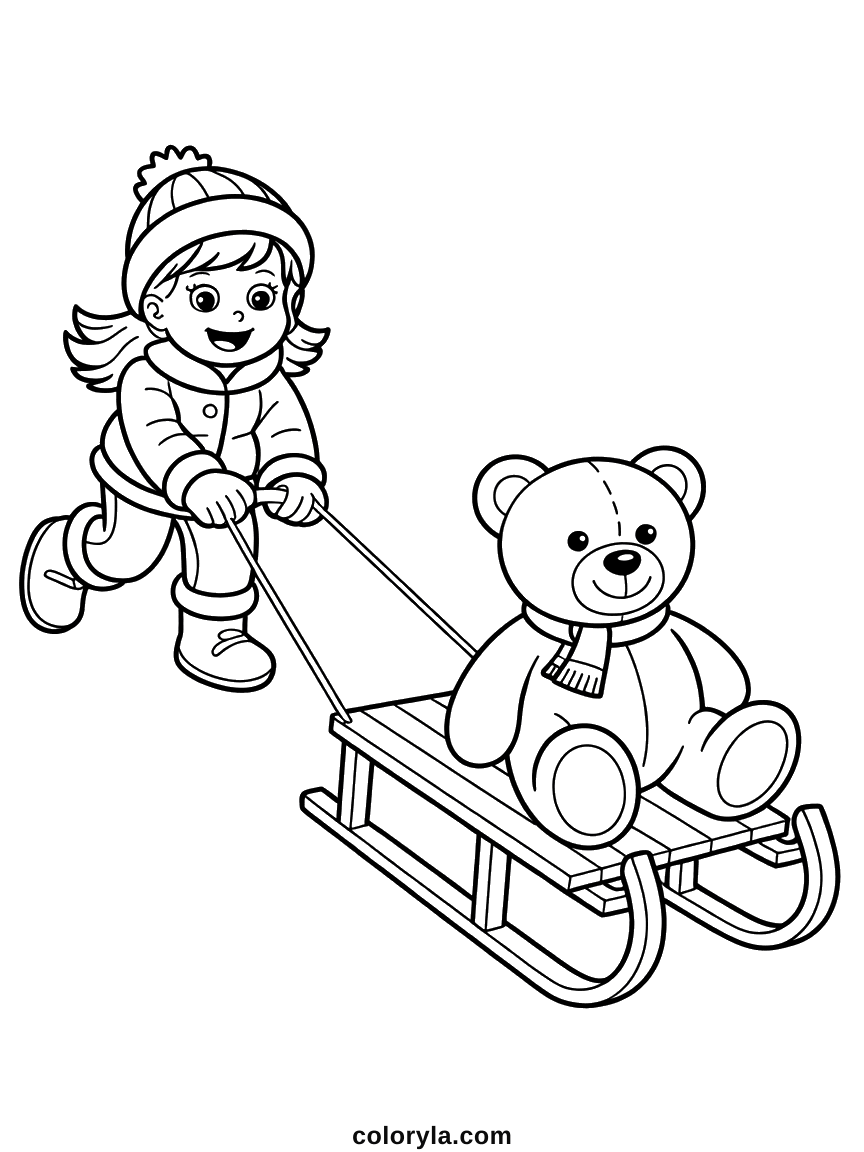 Slee kleurplaat met een meisje in winterjas dat voorovergebogen een teddybeer met sjaal voorttrekt. Gratis om te printen.