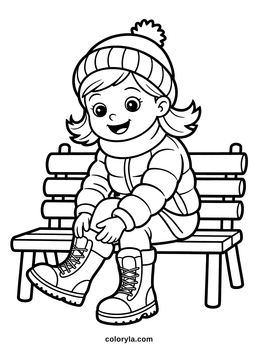 Op een bankje trekt een meisje met pompommuts haar winterlaarzen aan: gratis winterkleurplaat voor kinderen.