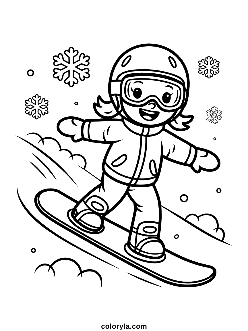 Snowboard kleurplaat: met helm, skibril en staartjes glijdt een meisje de helling af. Gratis te printen voor kinderen.