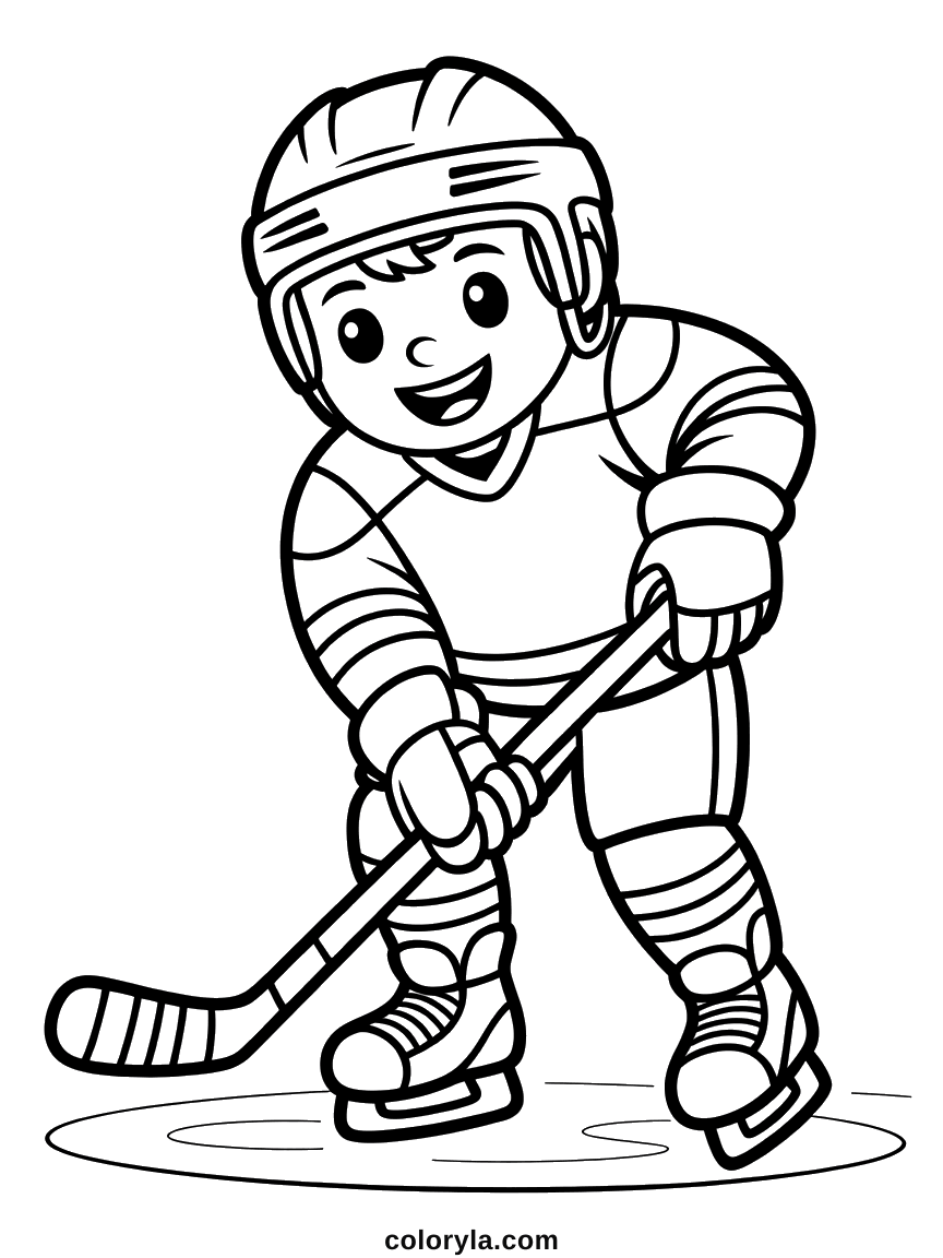 IJshockey kleurplaat: een lachende jongen met helm buigt op het ijs over zijn stick. Gratis voor kinderen, om te printen.