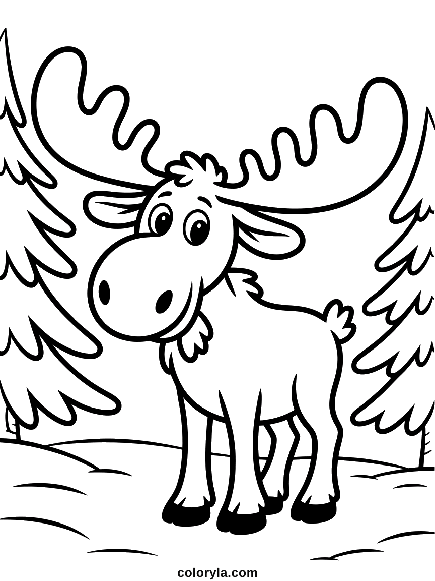Eland kleurplaat met een enorm golvend gewei, tussen twee besneeuwde dennen. Makkelijk voor kinderen en gratis.