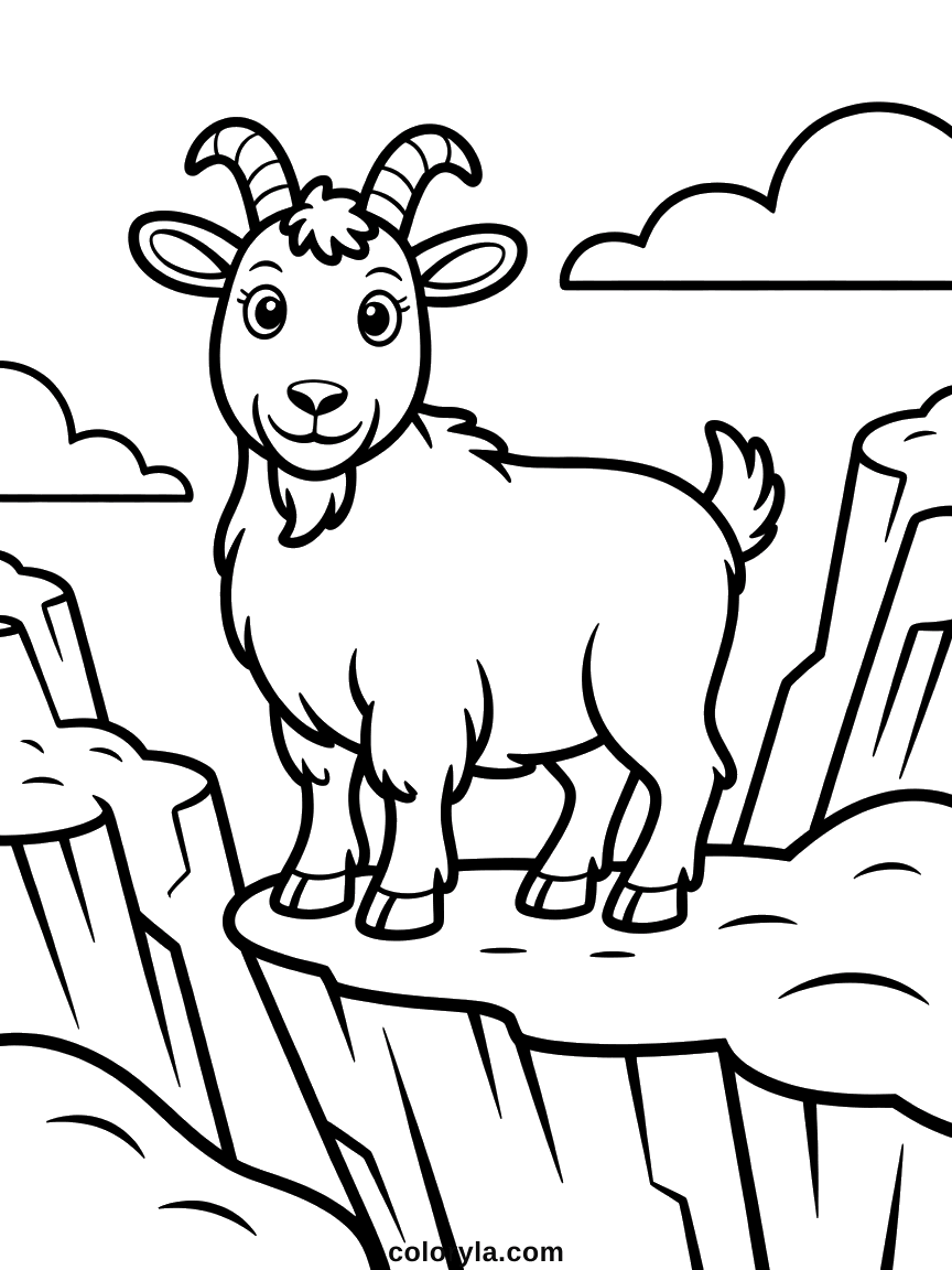 Berggeit kleurplaat: met gekrulde hoorns staat het dier op de rand van een klif, hoog boven de wolken. Makkelijk en gratis.