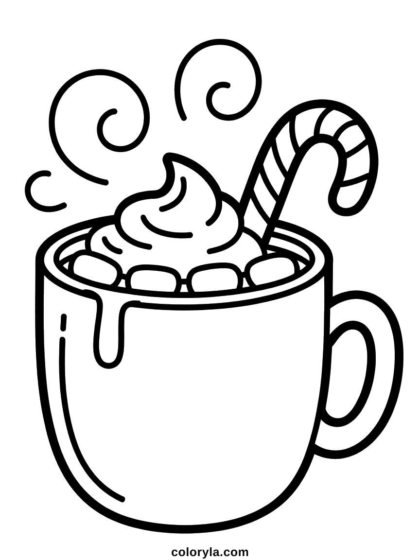 Dampende beker chocolademelk met slagroom, marshmallows en een zuurstok: makkelijke winterkleurplaat voor kleuters, gratis.
