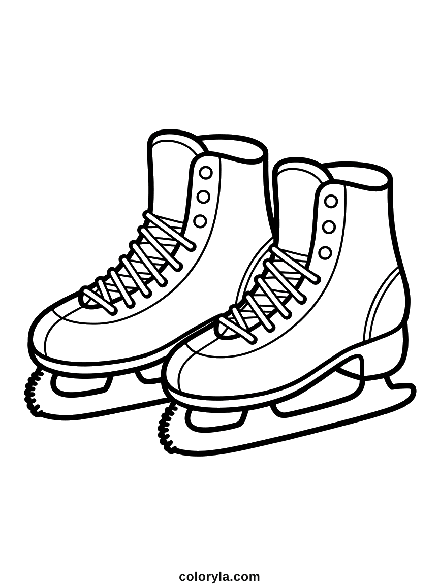 Kleurplaat schaatsen: twee kunstschaatsen naast elkaar, met gekruiste veters en tandjes aan de ijzers. Makkelijk en gratis.